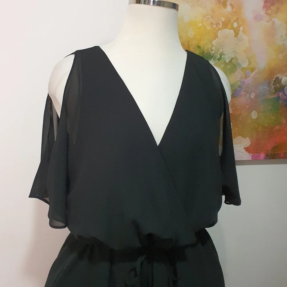 Portmans Size 14 Black Cold Shoulder V Neck Elasticated Waist Dress - Picture 2 of 11